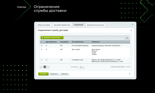 Intensa: Расширение набора ограничений для служб доставок и оплат