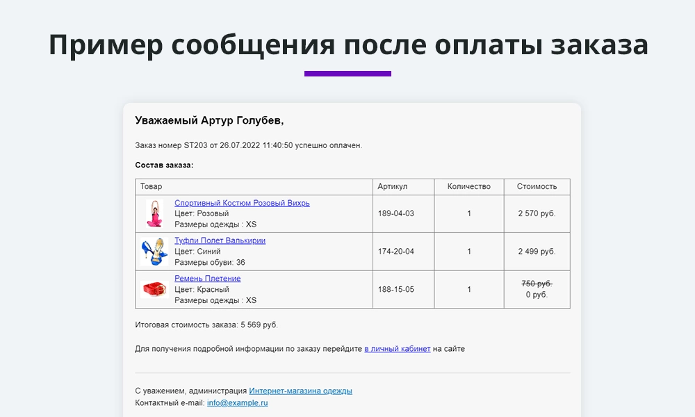 Расширенные письма: новый заказ, заказ изменён, смена статуса заказа, заказ отменён, заказ оплачен